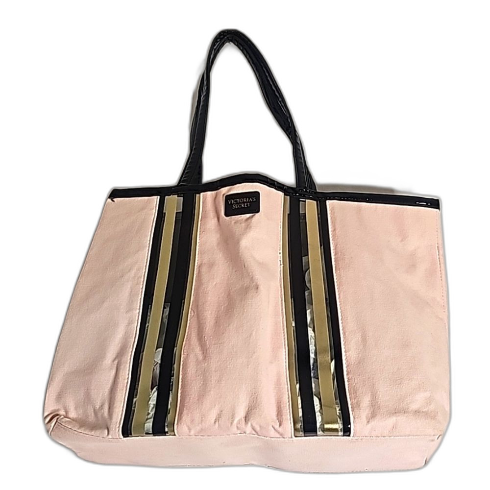 Victoria's Secret Tote Pink Silver Black Clear Trim Patent Style Straps